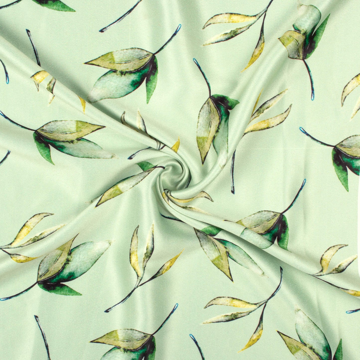 Mint Green Leaf Pattern Digital Print Lush Satin Fabric