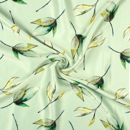 Mint Green Leaf Pattern Digital Print Lush Satin Fabric
