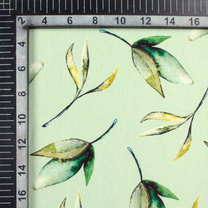 Mint Green Leaf Pattern Digital Print Lush Satin Fabric