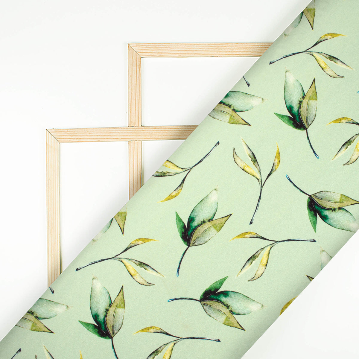 Mint Green Leaf Pattern Digital Print Lush Satin Fabric