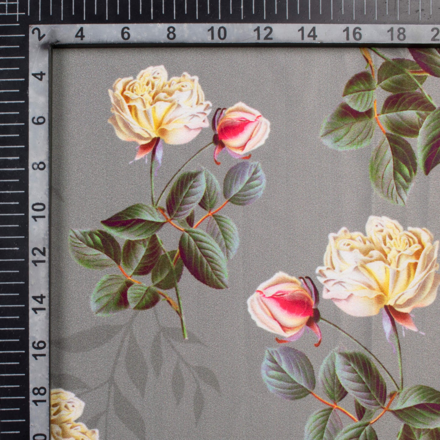 Lava Grey And Fern Green Floral Pattern Digital Print Lush Satin Fabric