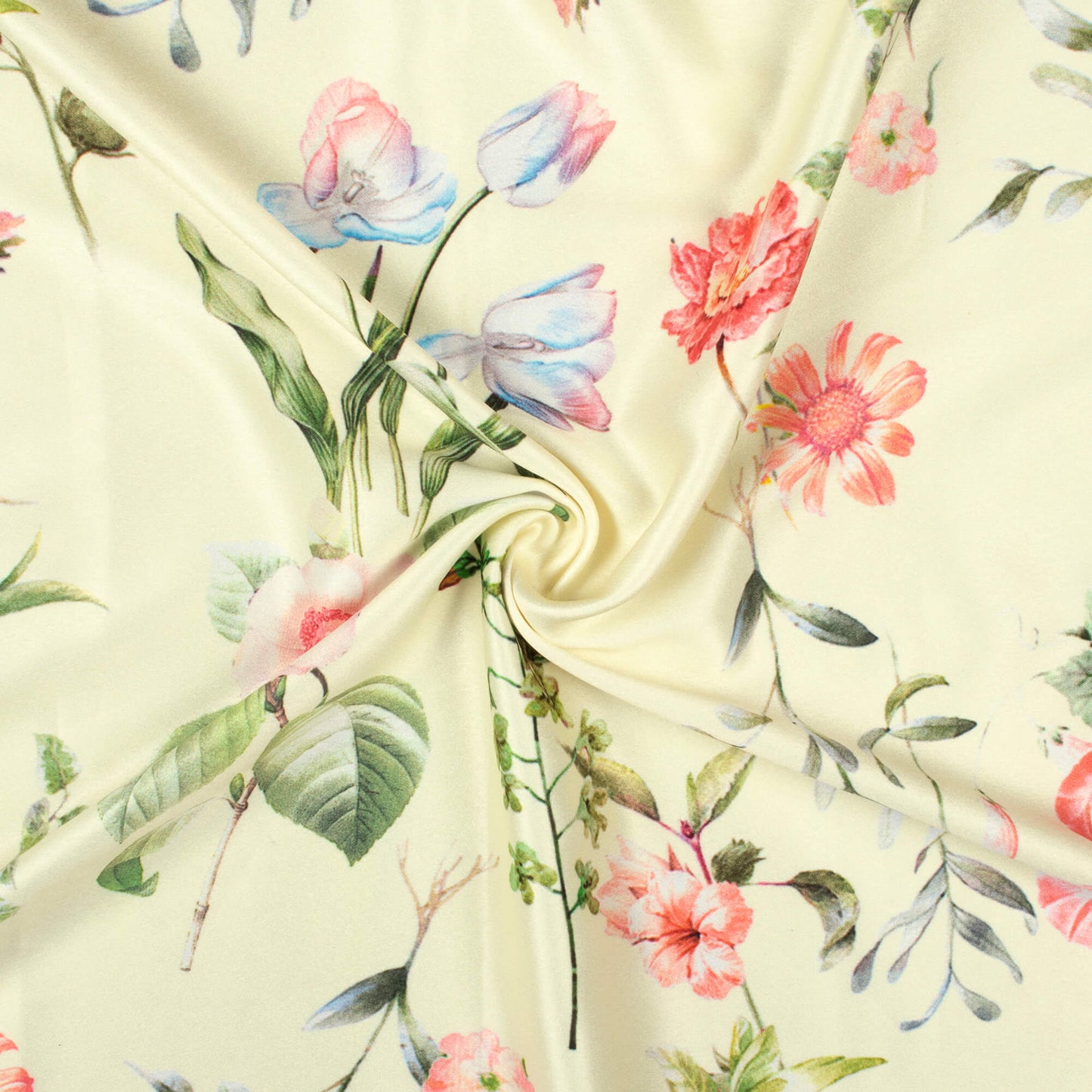 Pale Yellow And Pale Pink Floral Pattern Digital Print Lush Satin Fabric
