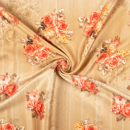 Flax Yellow And Punch Pink Floral Pattern Digital Print Lush Satin Fabric