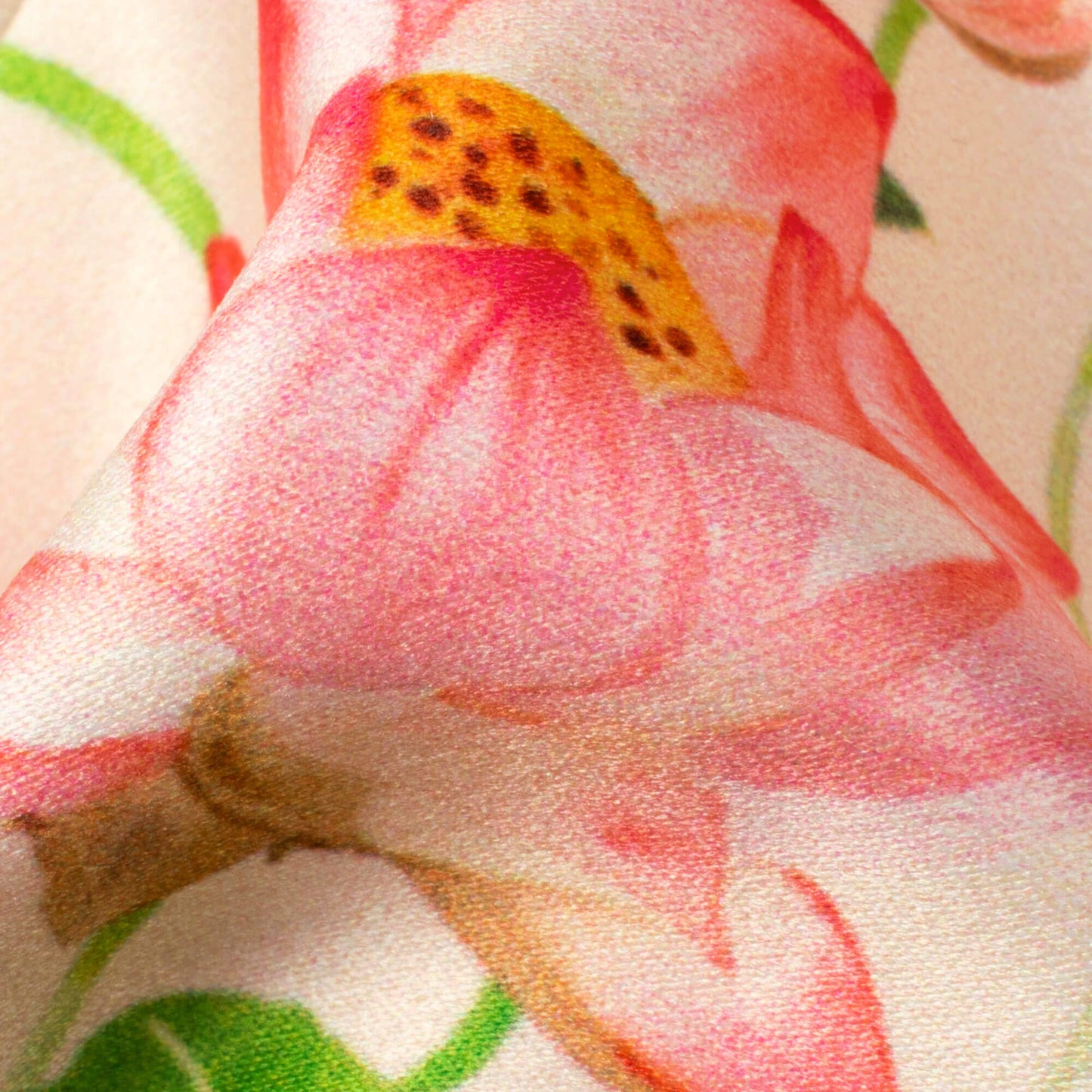 Lotus Pink And Kelly Green Floral Pattern Digital Print Lush Satin Fabric