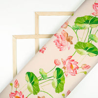Lotus Pink And Kelly Green Floral Pattern Digital Print Lush Satin Fabric