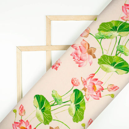 Lotus Pink And Kelly Green Floral Pattern Digital Print Lush Satin Fabric