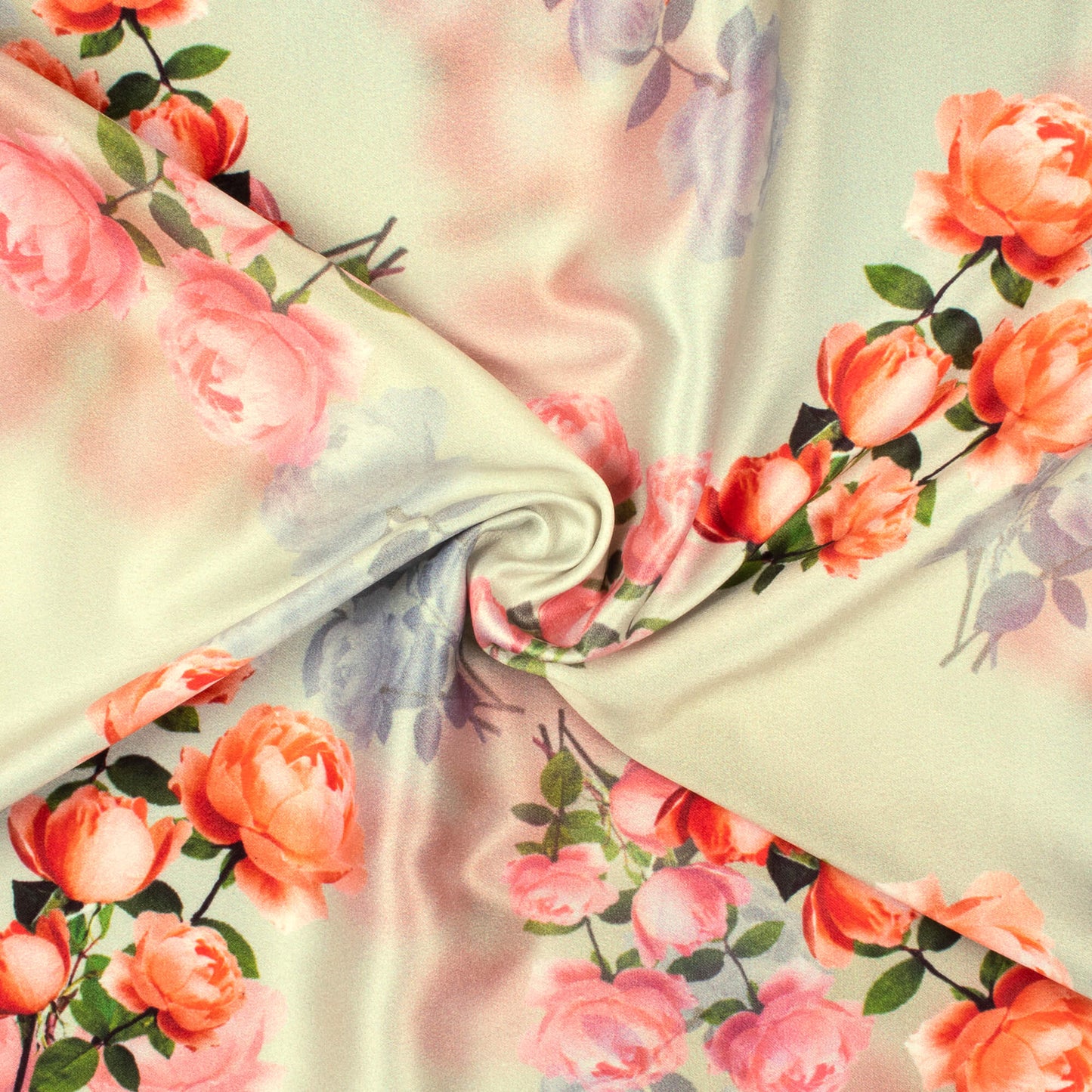 Cream And Rose Pink Floral Pattern Digital Print Lush Satin Fabric