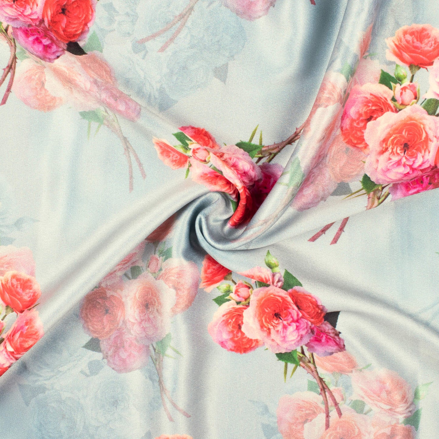 French Rose Pink And Grey Floral Pattern Digital Print Lush Satin Fabric