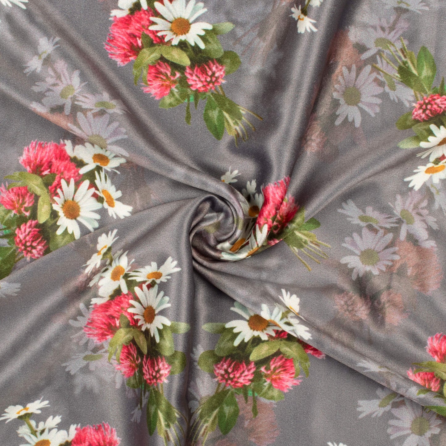 Shark Grey And Off White Floral Pattern Digital Print Lush Satin Fabric