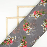 Shark Grey And Off White Floral Pattern Digital Print Lush Satin Fabric