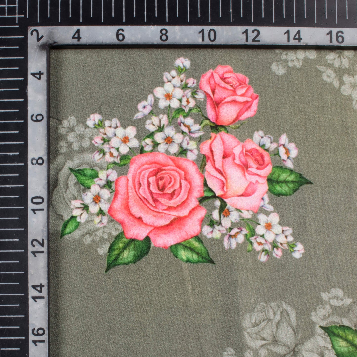 Artichoke Green And Rose Pink Floral Pattern Digital Print Lush Satin Fabric