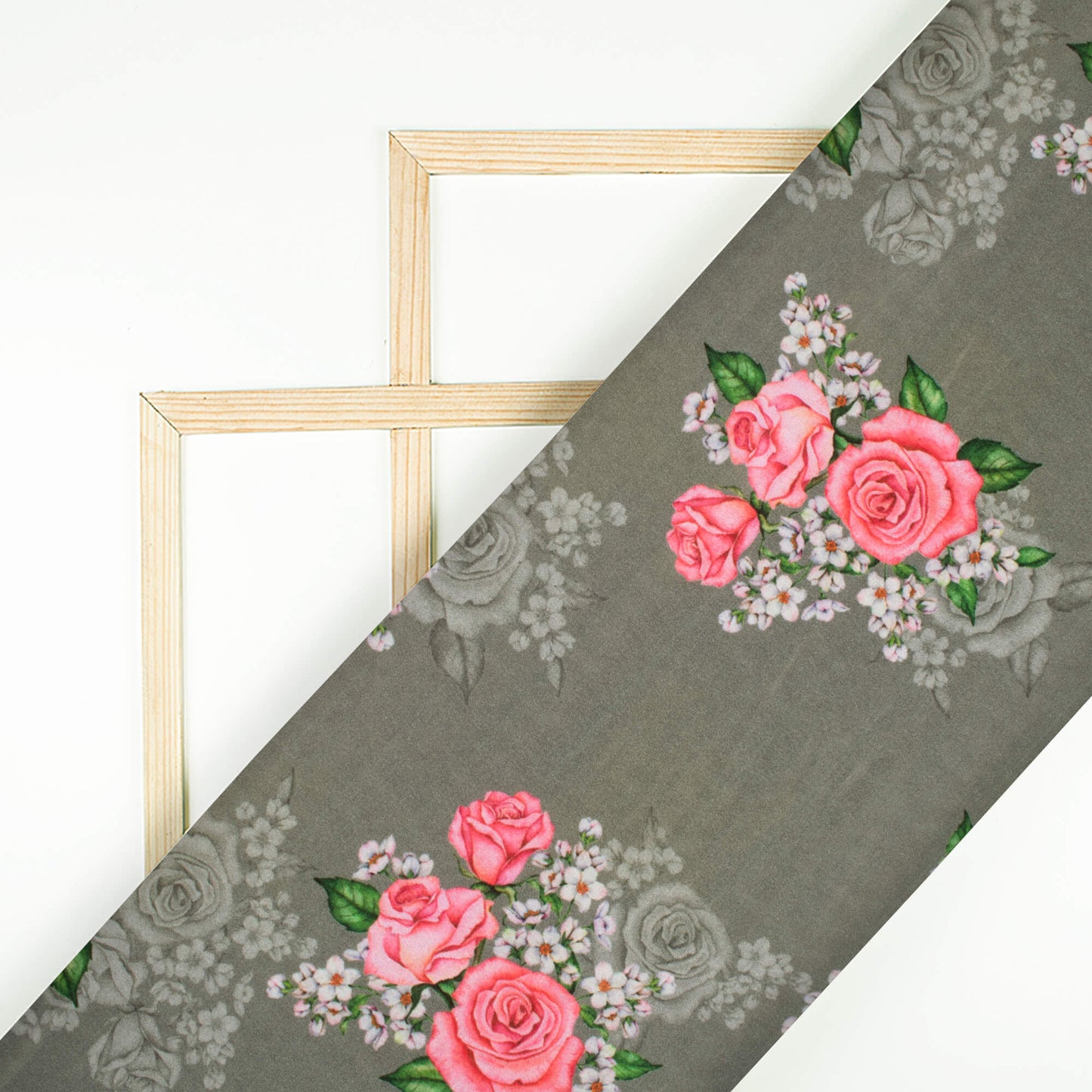 Artichoke Green And Rose Pink Floral Pattern Digital Print Lush Satin Fabric