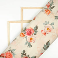 Cream And Pink Floral Pattern Digital Print Lush Satin Fabric