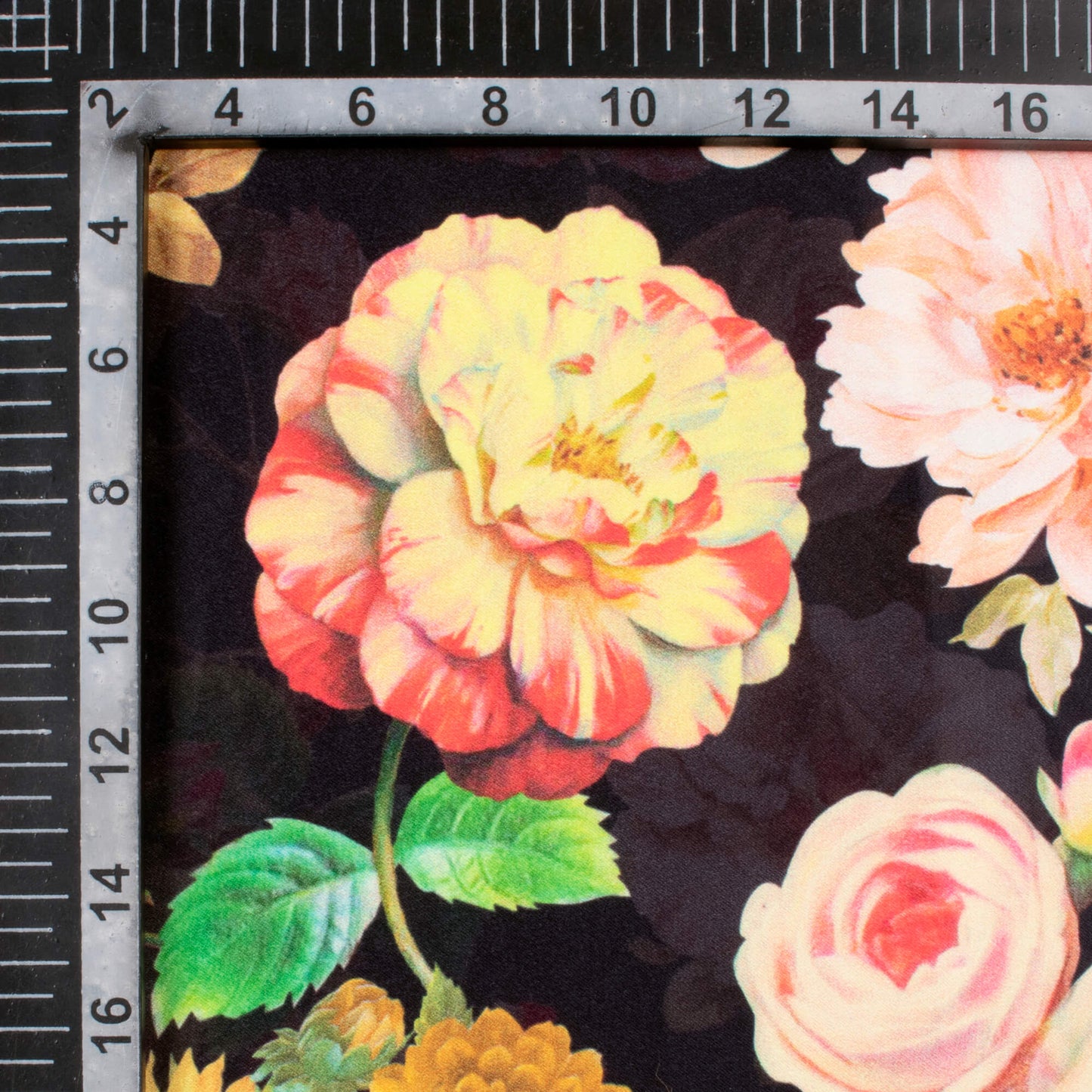 Black And Lemon Yellow Floral Pattern Digital Print Lush Satin Fabric