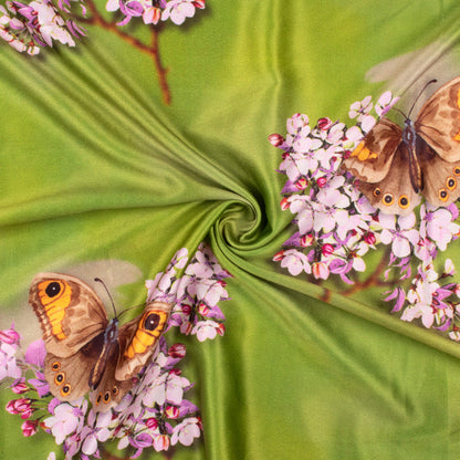Avocado Green And Lavender Purple Floral Pattern Digital Print Lush Satin Fabric