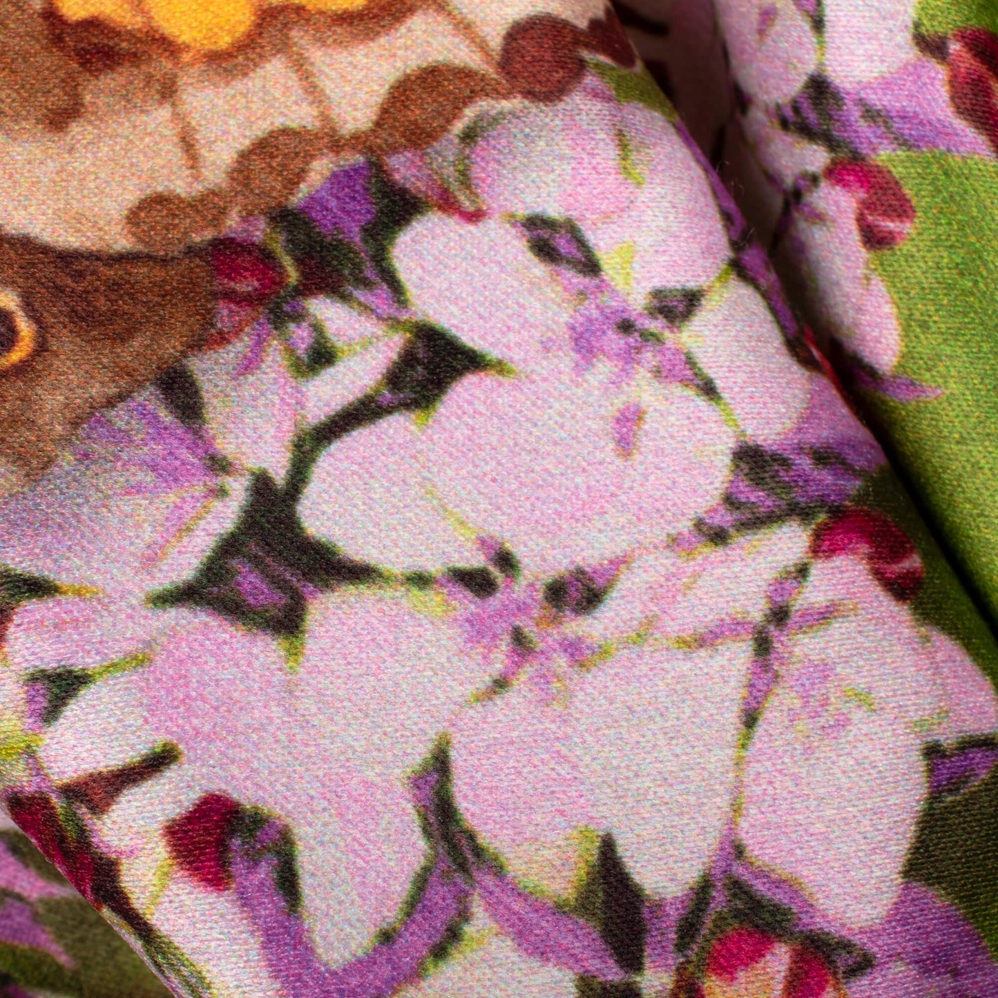 Avocado Green And Lavender Purple Floral Pattern Digital Print Lush Satin Fabric