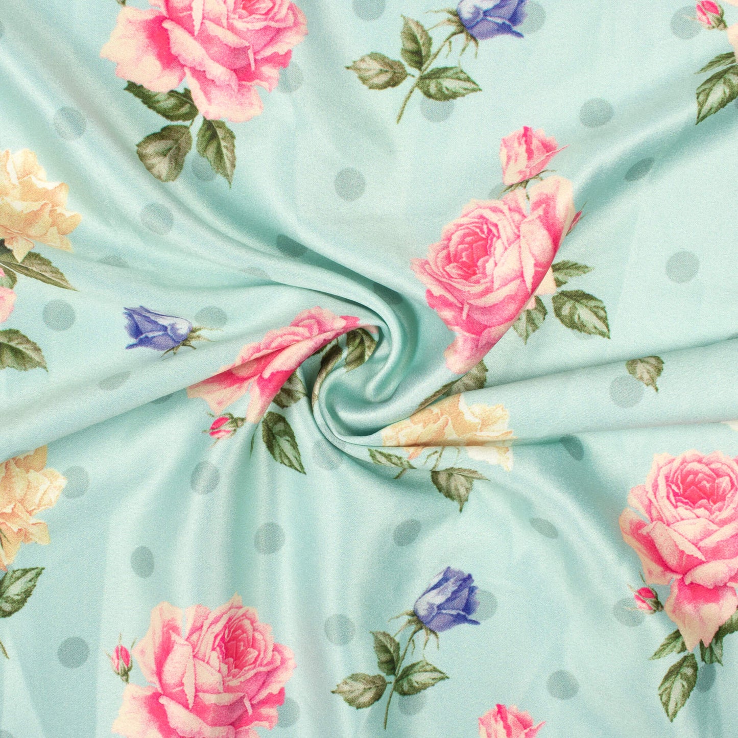 Arctic Blue And Taffy Pink Floral Pattern Digital Print Lush Satin Fabric