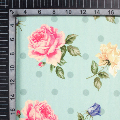 Arctic Blue And Taffy Pink Floral Pattern Digital Print Lush Satin Fabric