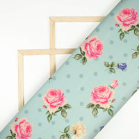 Arctic Blue And Taffy Pink Floral Pattern Digital Print Lush Satin Fabric