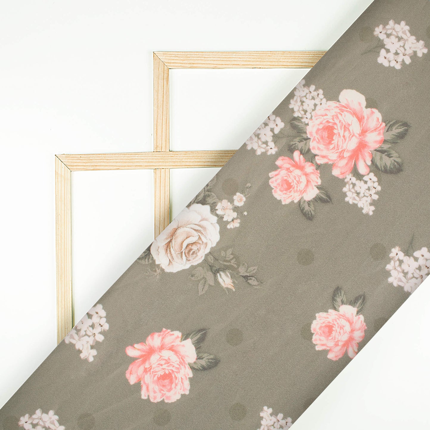 Stone Grey And Carnation Pink Floral Pattern Digital Print Lush Satin Fabric