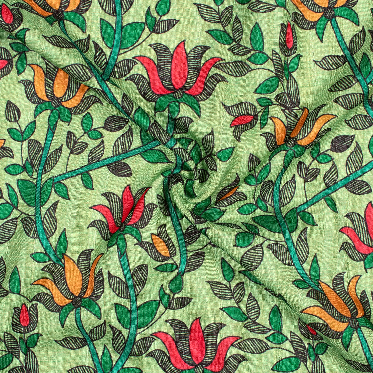Pistachio Green And Fuchsia Madhubani Pattern Digital Print Art Tusser Silk Fabric - Fabcurate