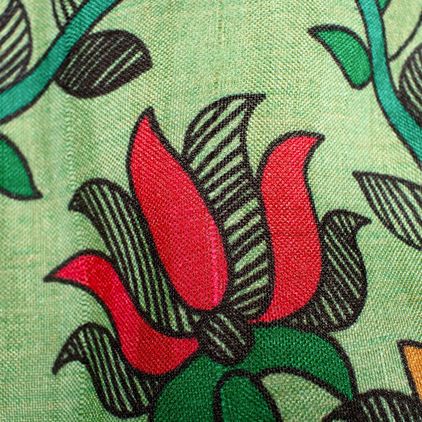 Pistachio Green And Fuchsia Madhubani Pattern Digital Print Art Tusser Silk Fabric - Fabcurate