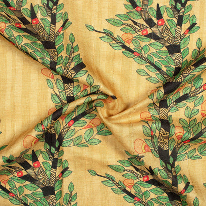 Cream And Green Madhuvanii Pattern Digital Print Art Tusser Silk Fabric