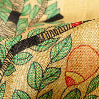 Cream And Green Madhuvanii Pattern Digital Print Art Tusser Silk Fabric
