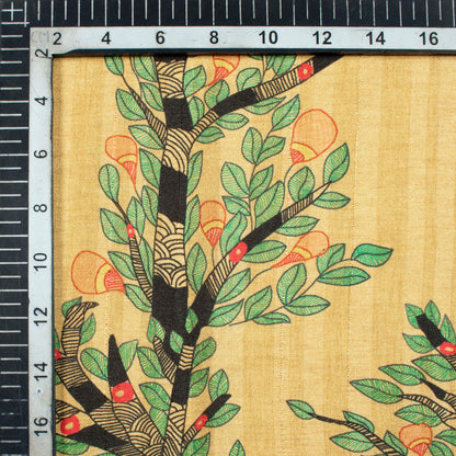 Cream And Green Madhuvanii Pattern Digital Print Art Tusser Silk Fabric
