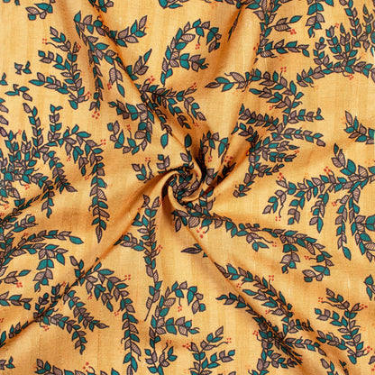 Dark Cream And Green Madhuvanii Pattern Digital Print Art Tusser Silk Fabric