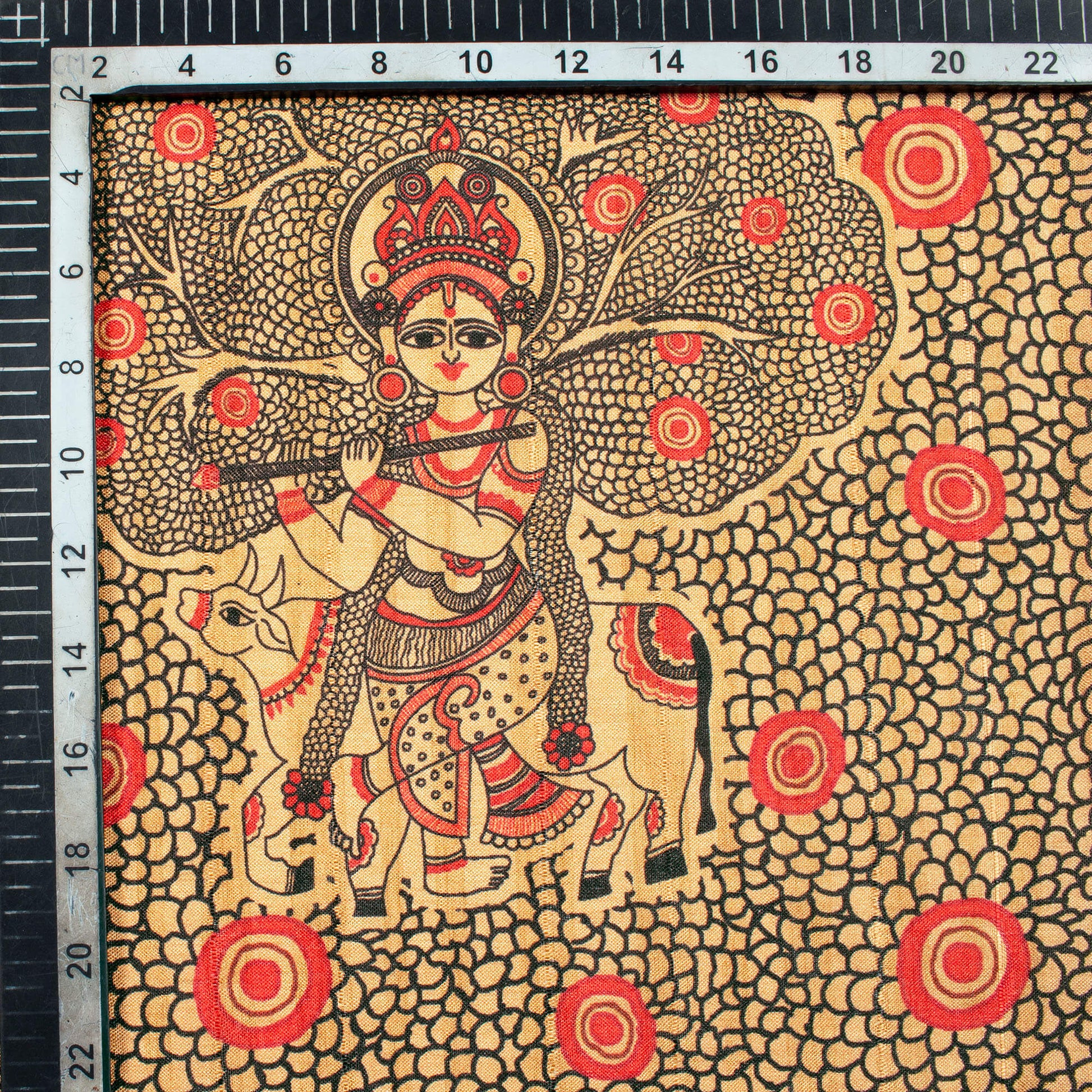 Pastel Orange And Red Madhubani Pattern Digital Print Art Tusser Silk Fabric - Fabcurate