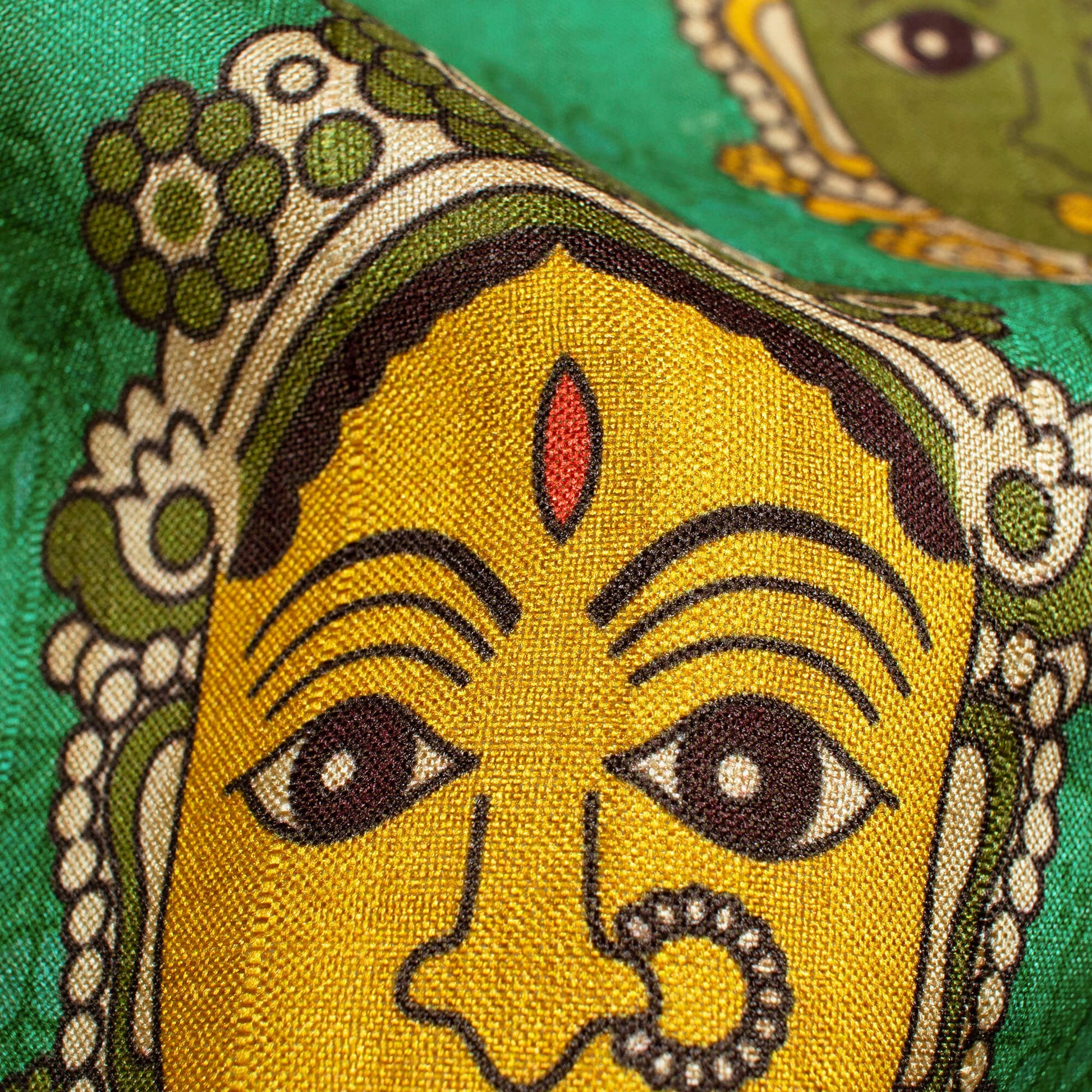 Persian Green And Yellow Madhubani Pattern Digital Print Art Tusser Silk Fabric - Fabcurate