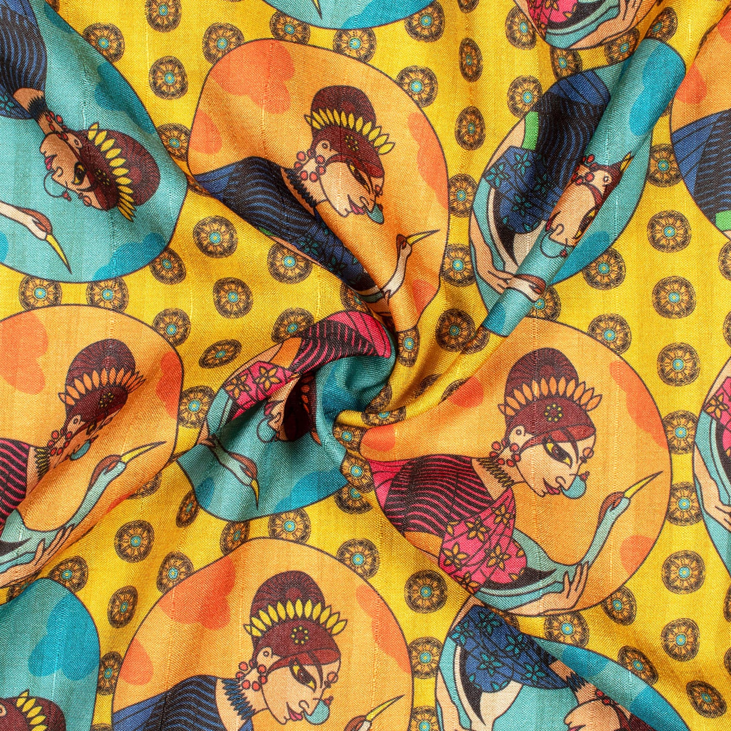 Yellow And Salmon Orange Madhubani Pattern Digital Print Art Tussar Silk Fabric
