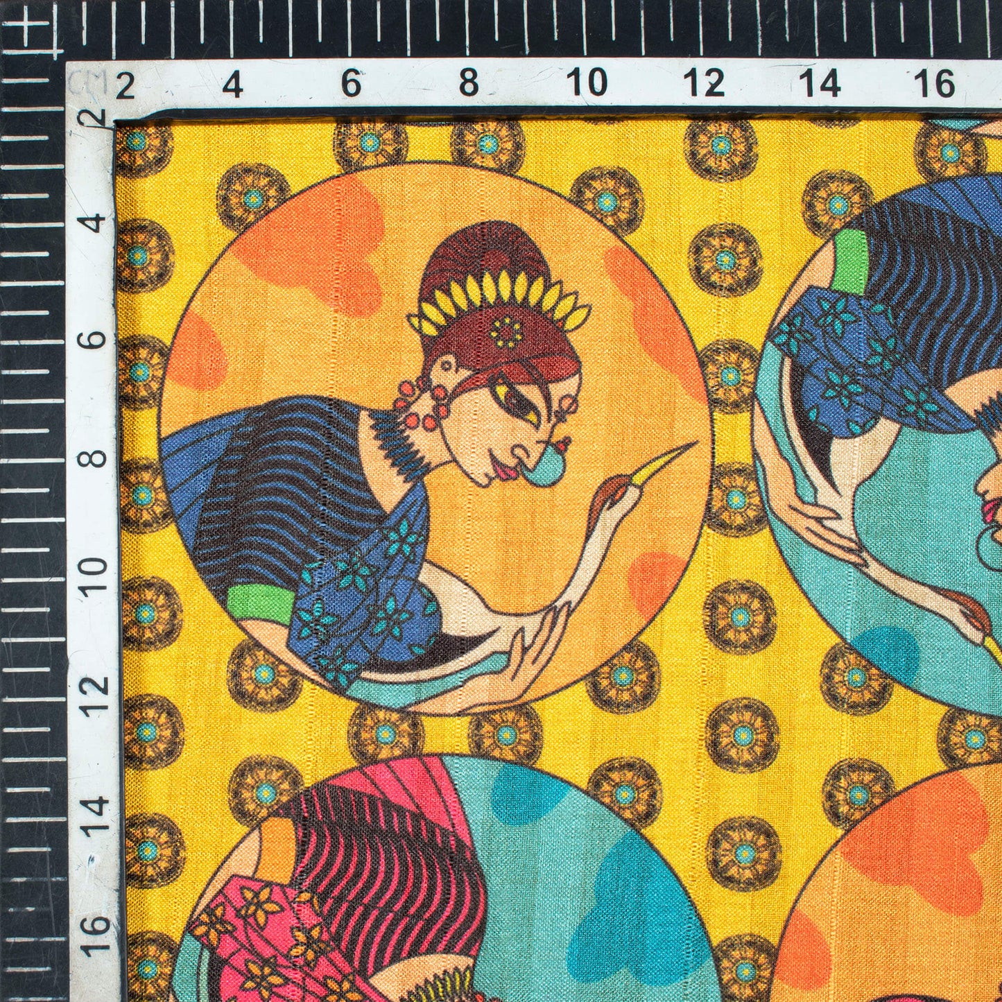 Yellow And Salmon Orange Madhubani Pattern Digital Print Art Tussar Silk Fabric