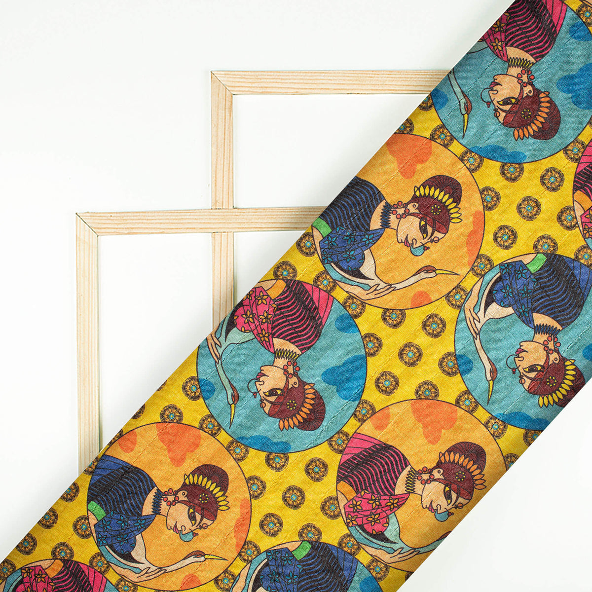 Yellow And Salmon Orange Madhubani Pattern Digital Print Art Tusser Silk Fabric