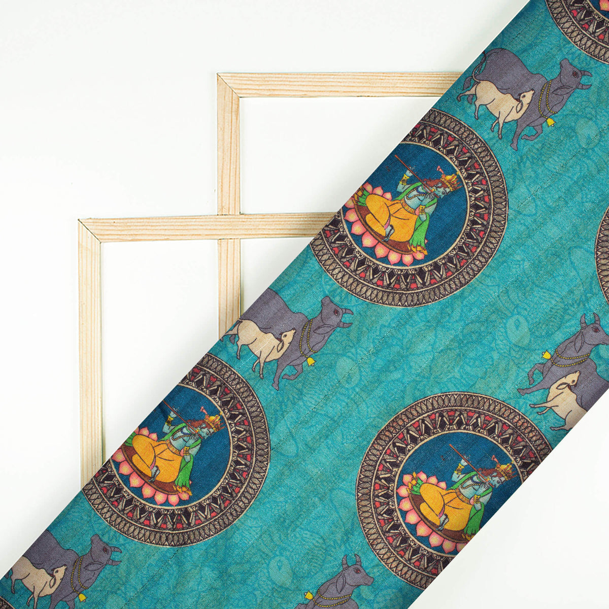 Sky Blue And Grey Madhuvanii Pattern Digital Print Art Tusser Silk Fabric
