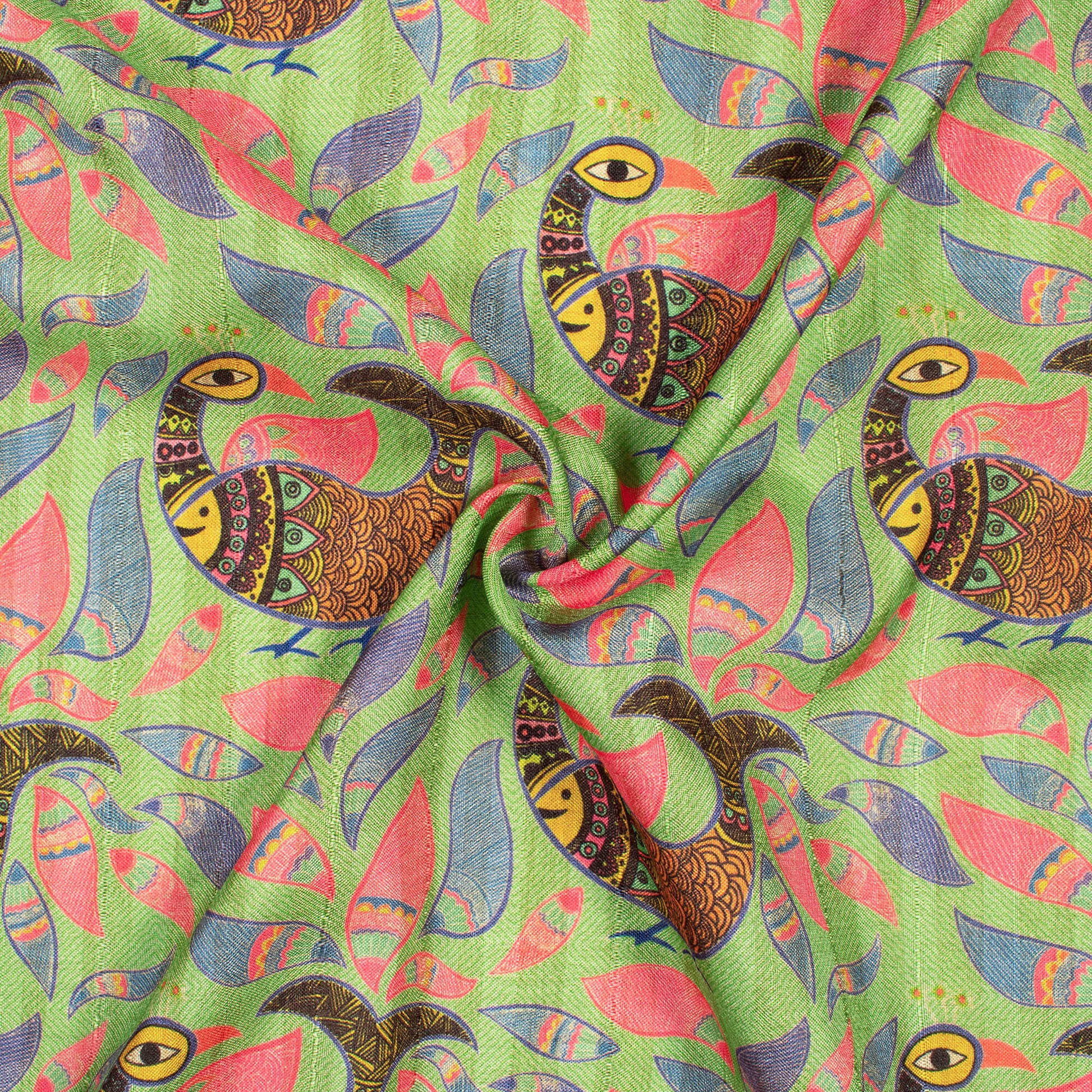 Pistachio Green And Purple Madhubani Pattern Digital Print Art Tusser Silk Fabric - Fabcurate