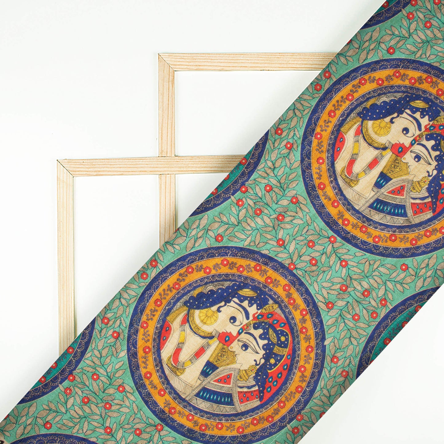 Celeste Green And Royal Blue Madhubani Pattern Digital Print Art Tusser Silk Fabric - Fabcurate