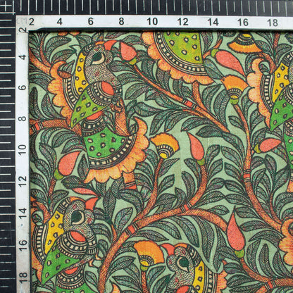 Black And Parrot Green Madhuvanii Pattern Digital Print Art Tusser Silk Fabric