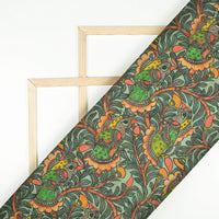 Black And Parrot Green Madhuvanii Pattern Digital Print Art Tusser Silk Fabric