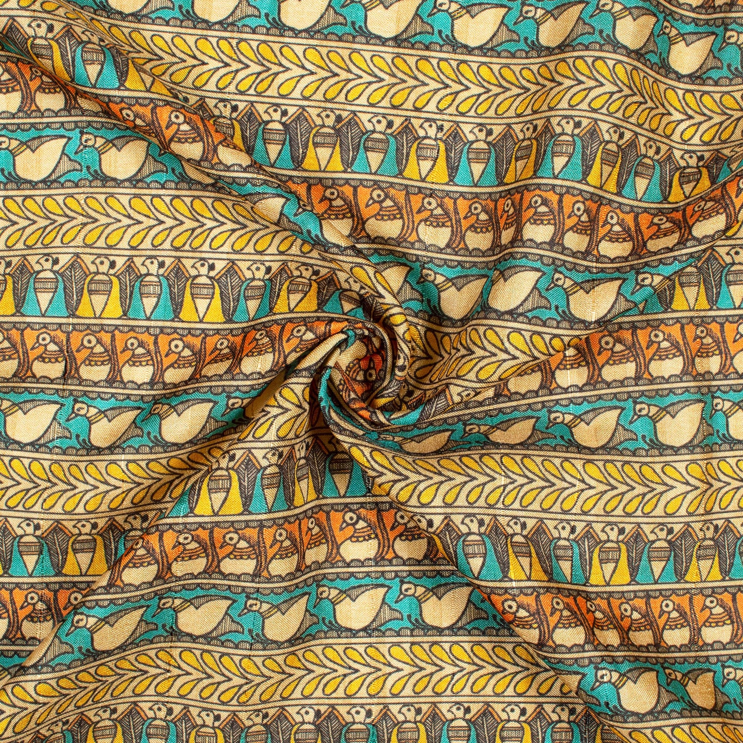 Yellow And Sky Blue Madhubani Pattern Digital Print Art Tussar Silk Fabric