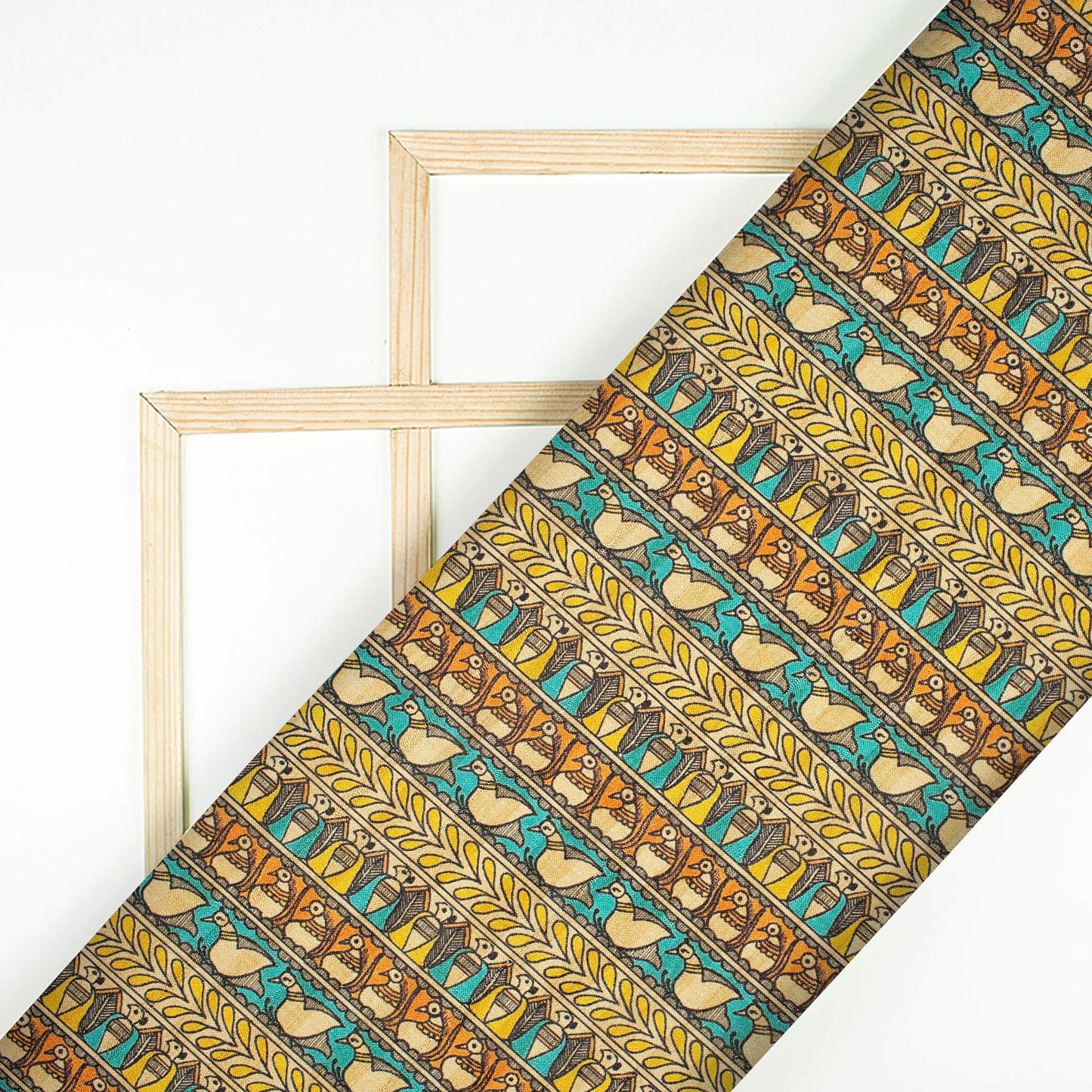 Yellow And Sky Blue Madhubani Pattern Digital Print Art Tusser Silk Fabric - Fabcurate