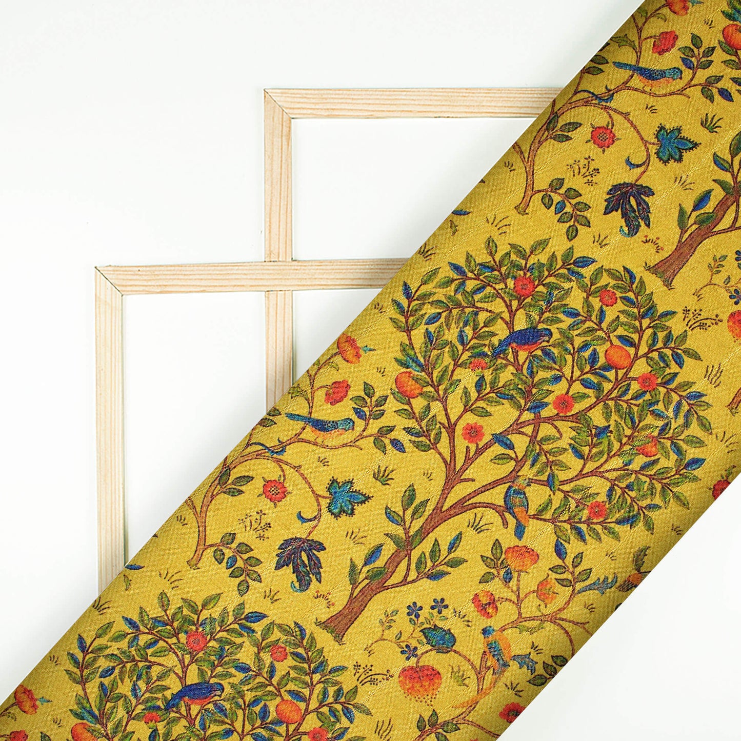Fleaxen Yellow And Orange Madhubani Pattern Digital Print Art Tussar Silk Fabric