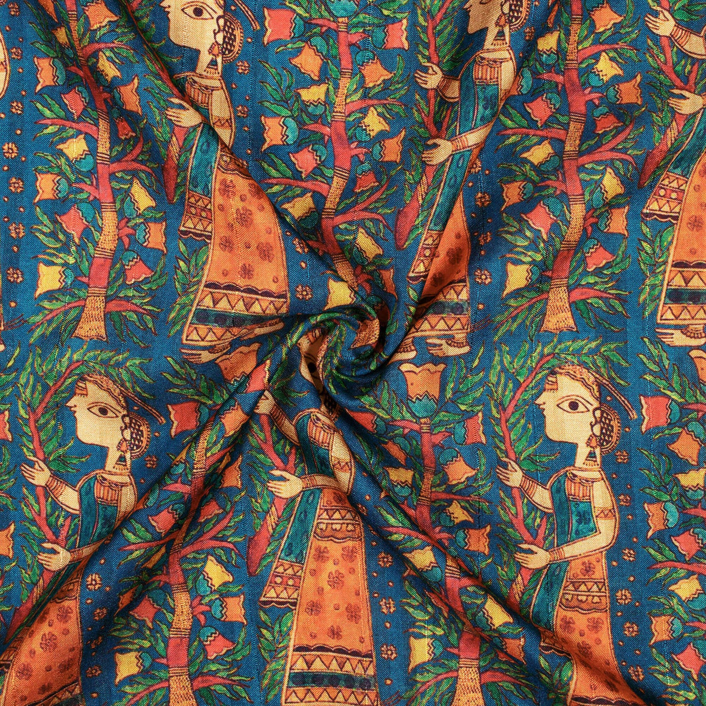 Peacock Blue Nad Orange Madhubani Pattern Digital Print Art Tusser Silk Fabric - Fabcurate