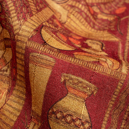 Maroon And Beige Madhubani Pattern Digital Print Art Tusser Silk Fabric - Fabcurate