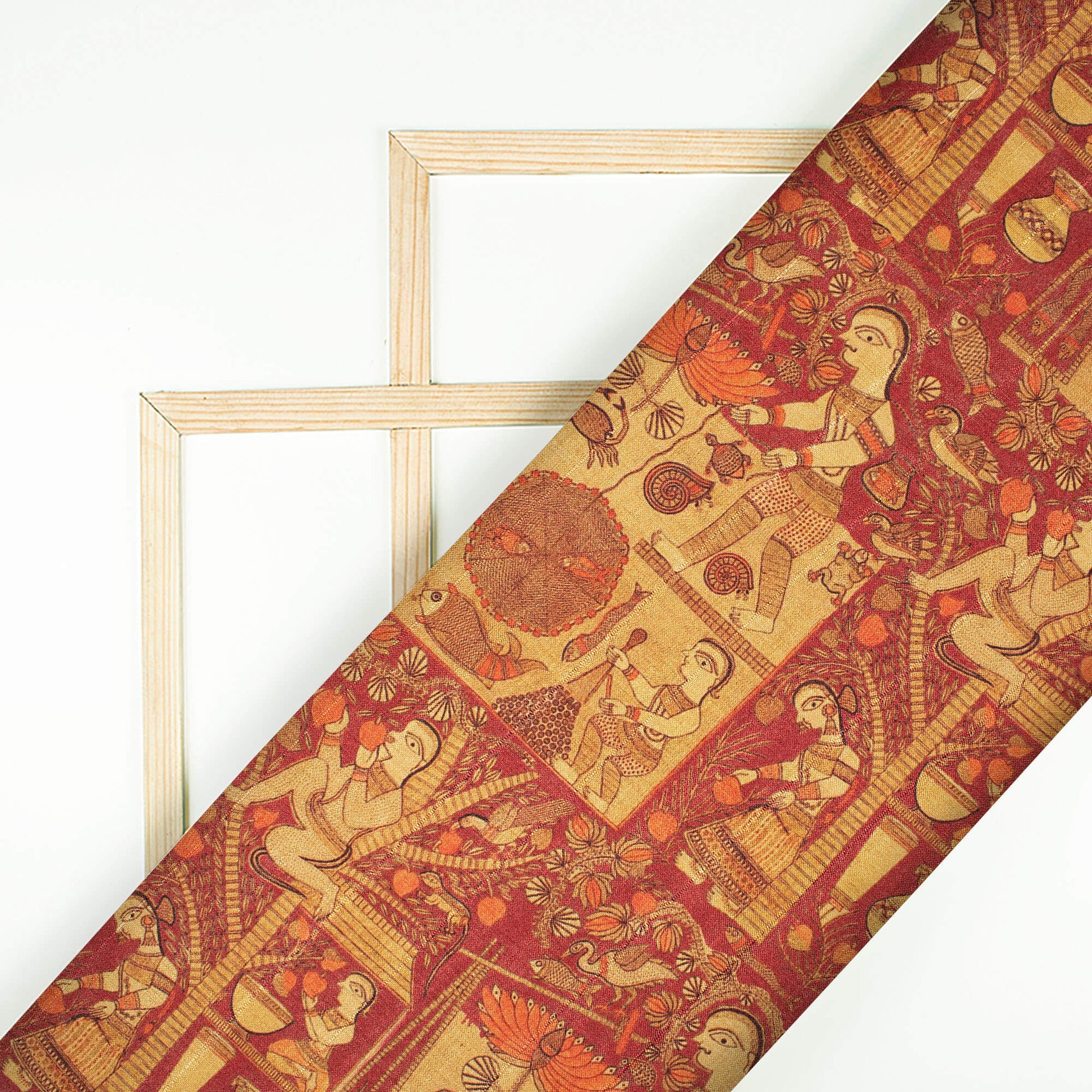 Maroon And Beige Madhubani Pattern Digital Print Art Tusser Silk Fabric - Fabcurate