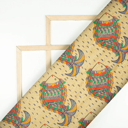 Beige And Royal Blue Madhubani Pattern Digital Print Art Tusser Silk Fabric - Fabcurate