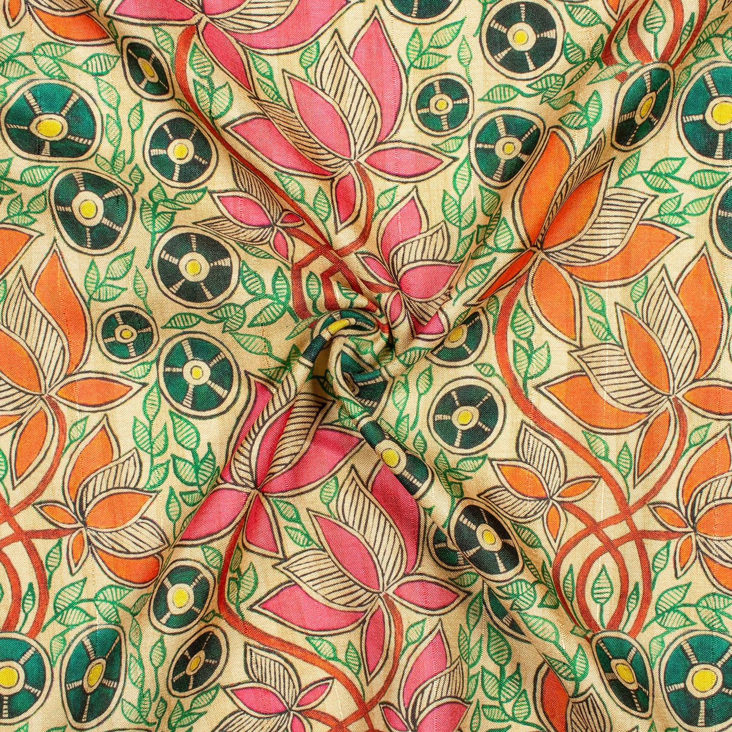 Pink And Orange Madhubani Pattern Digital Print Art Tussar Silk Fabric