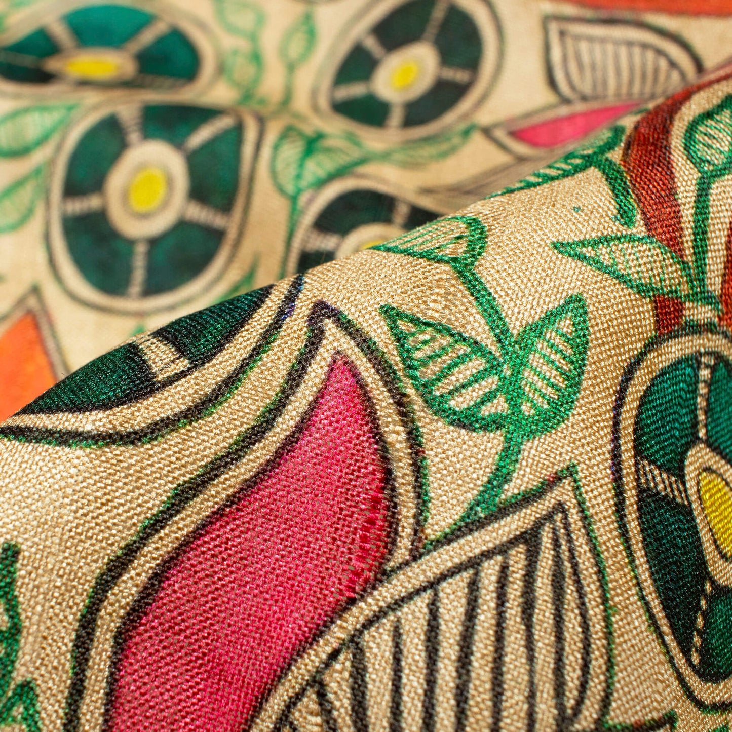 Pink And Orange Madhubani Pattern Digital Print Art Tussar Silk Fabric