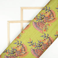 Pistachio Green And Orange Madhuvanii Pattern Digital Print Art Tusser Silk Fabric